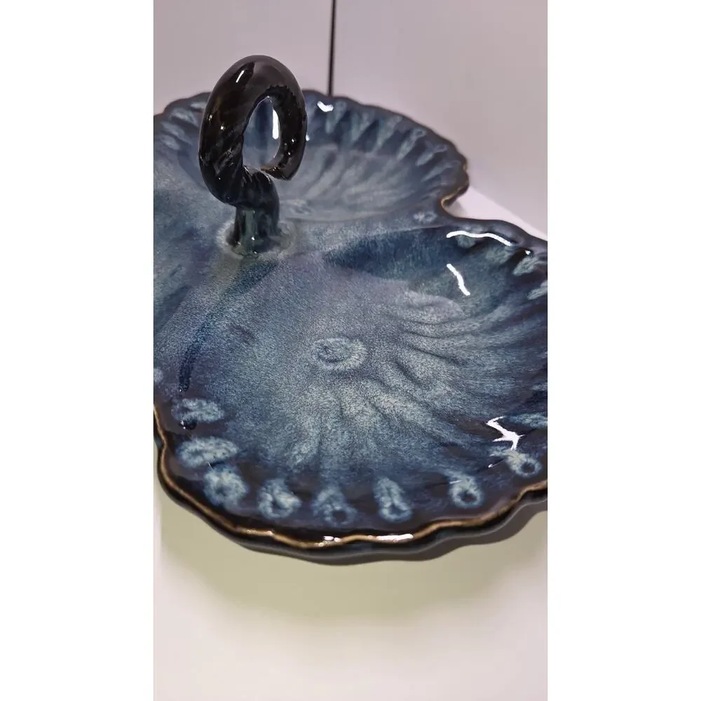 MCM 1960s California Pottery Blue Triple Section Scallop Shell Serving Tray